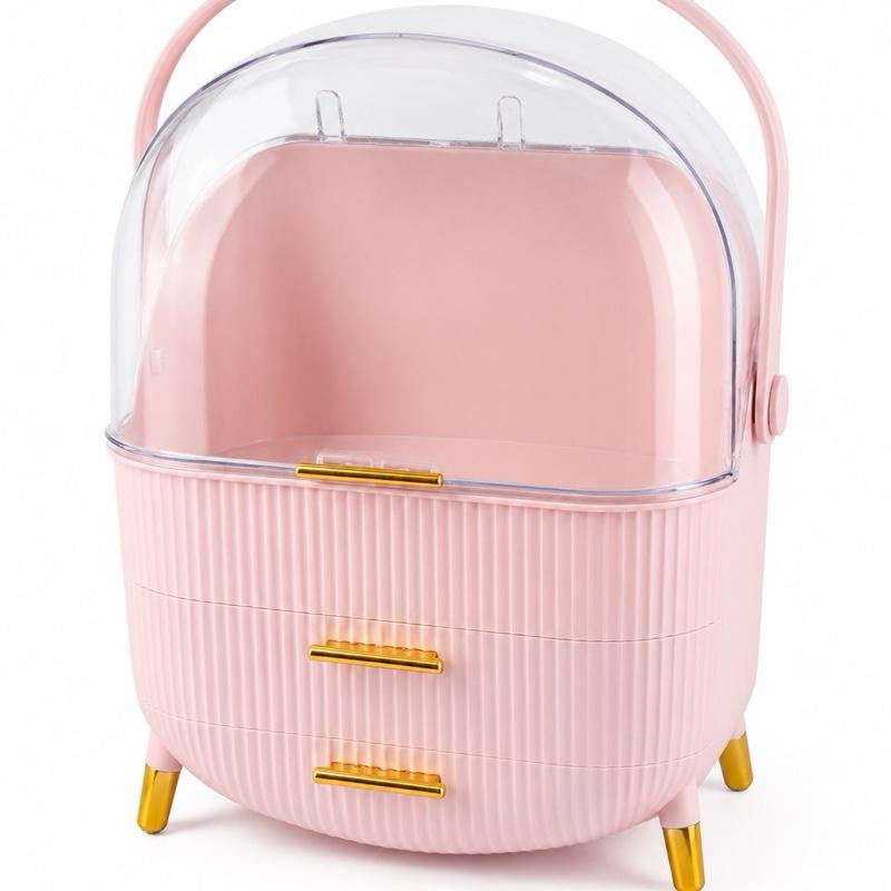Pink Makeup Cosmetic Organiser for Vanity Desk with Clear Lid and Gold Handles