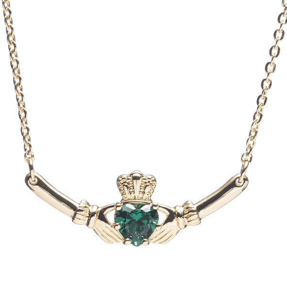 Newgrange Living - Gold Claddagh with Green Stone Pendant