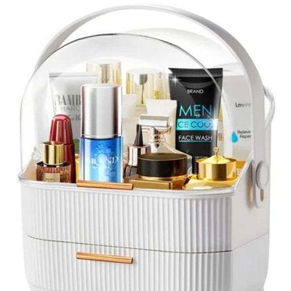 The Grange Collection - White Makeup Cosmetic Organiser for Vanity Desk with Clear Lid and Gold Handles