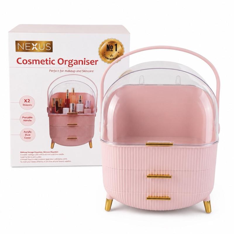 Pink Makeup Cosmetic Organiser for Vanity Desk with Clear Lid and Gold Handles