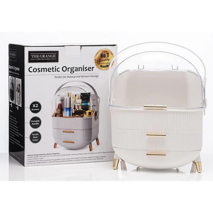 The Grange Collection - White Makeup Cosmetic Organiser for Vanity Desk with Clear Lid and Gold Handles