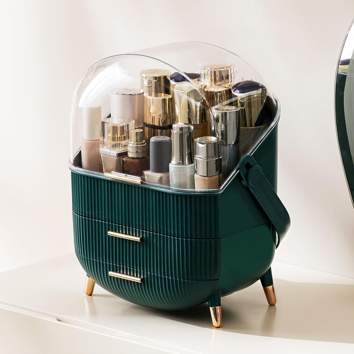 The Grange Collection - Green Makeup Cosmetic Organiser for Vanity Desk with Clear Lid and Gold Handles (Copy)