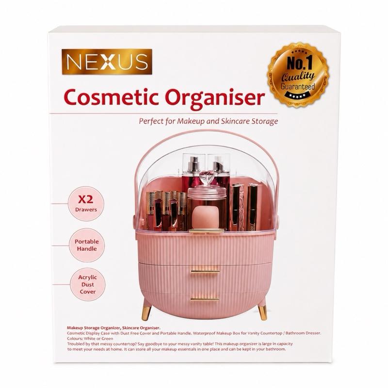Pink Makeup Cosmetic Organiser for Vanity Desk with Clear Lid and Gold Handles