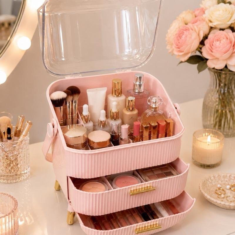Pink Makeup Cosmetic Organiser for Vanity Desk with Clear Lid and Gold Handles